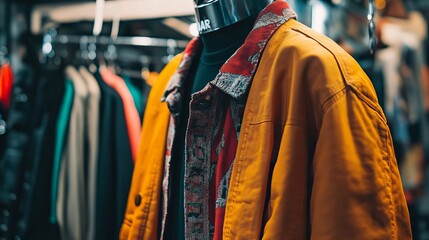 Fototapeta premium Bright Yellow Vintage Jacket Displayed on Mannequin in Trendy Fashion Boutique