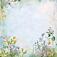 Obraz premium Floral Whisper: A soft, artistic depiction of wildflowers gently framing an open expanse, where pastel hues dance, creating a serene and inviting visual experience.