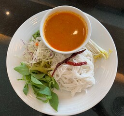 rice noodles, noodle, num ya, kanom cheen num ya, coconut, noodles, thailand spicy food, thai curry, thai gourmet, chili, ka nom jeen, lunch, salad, gourmet, white, thailand, die cut, thai, curry, del