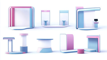 Set of promo booth templates isolated on white background. Vector realistic illustration of 3D stands with blank surface for advertising, exhibition stall for business trade fair, product presentation