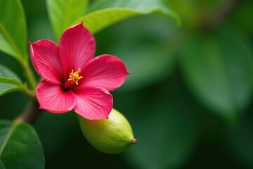 Red guava blossom on a stem with green leaves, orchid, botanical