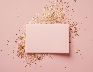 Elegant pink background with a blank gift box and scattered golden confetti.