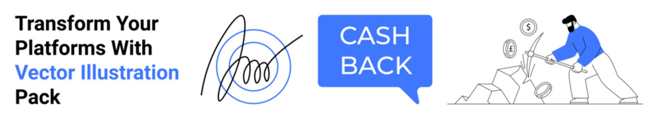 Cashback speech bubble, stylized pen signature, man collecting coins, promoting rewards, financial success, and resource saving. Ideal for advertising, fintech, budgeting tools savings tips loyalty