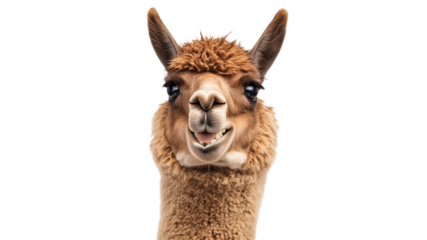 A cheerful alpaca smiles warmly at the camera