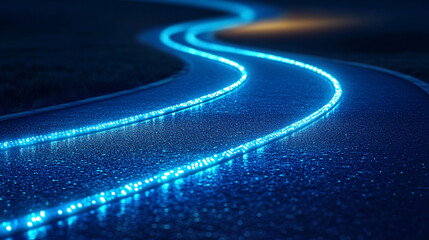 A glowing blue road curves into the distance, symbolizing progress in technology and business.