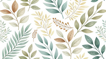 Fototapeta premium Watercolor Leaves Pattern: A delicate watercolor pattern of varied leaves and branches in a soft, pastel palette creating a seamless and artistic background.