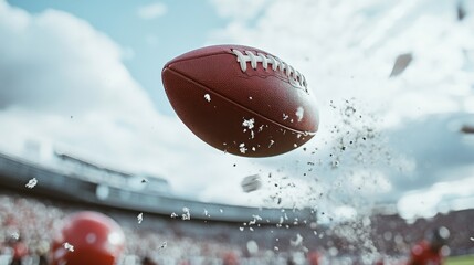 College stadium with a close-up of a football being kicked off. Featuring detail and action