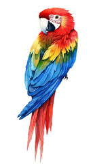 Obraz premium Painting of a red, yellow and blue parrot perched and looking back. Transparent background