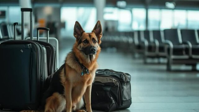 A German Shepherd sits on the floor in the airport lounge next to two suitcases. In the background, rows of empty chairs and large windows are visible, through which daylight penetrates. The dog looks