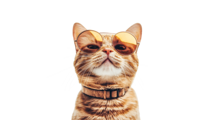 Cat wearing sunglasses poses confidently indoors