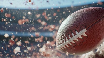 College stadium with a close-up of a football being kicked off. Featuring detail and action