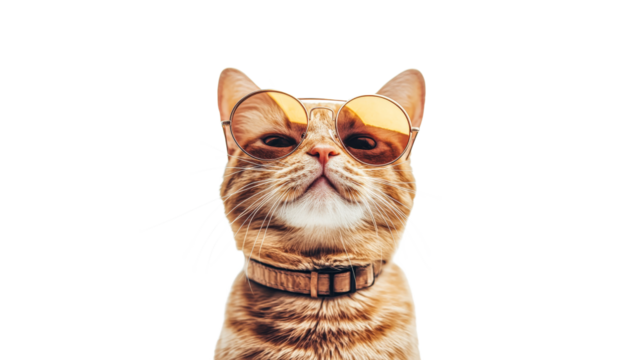 Cat wearing sunglasses poses confidently indoors