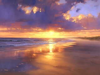A sunset beach painting depicting the warm, radiant hues of the setting sun casting a soft glow over the tranquil sea