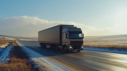 Large truck drives along a narrowing of the highway