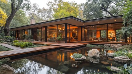 Modern home, patio, zen garden, tranquil evening