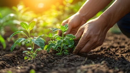 Fototapeta premium Planting New Life Gardening Action in Nature Close-Up View of Growing Plants