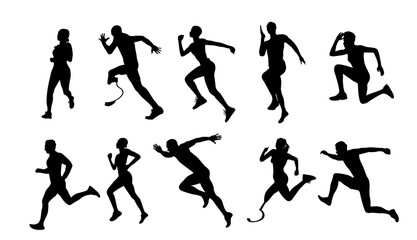 Silhouettes of Male and female athletes running. Healthy active lifestyle. Maraphon, Sprint, jogging, warming up. Sport, fitness design, black vector illustrations isolated
