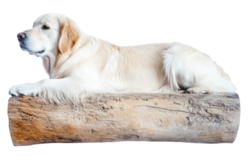Golden retriever resting on a log, cut out