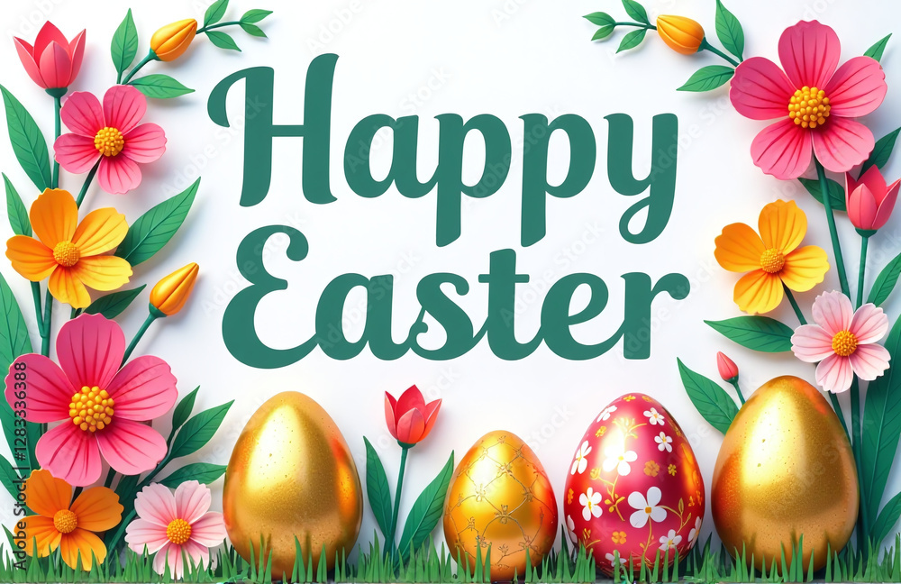 Poster A Colorful Happy Easter Banner Displays Vibrant Spring Flowers And Intricately Painted Golden Easter Eggs In A Joyful Display. 00001
