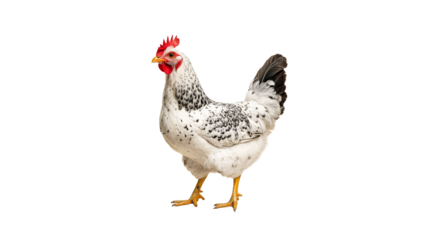 Spotted chicken standing on a white background