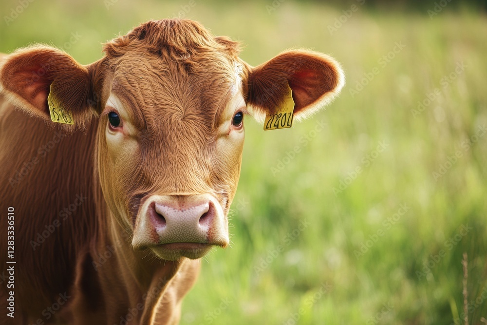 Poster young brown cow stands in a grassy field during daylight in a rural location with soft sunlight illu