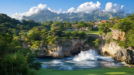 Oceanside golf course, dramatic waves, mountain backdrop, luxury resort