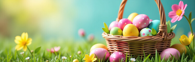 Naklejka premium A Colorful Easter Scene Featuring A Woven Basket Overflowing With Brightly Colored Easter Eggs Against A Springtime Backdrop. 00001