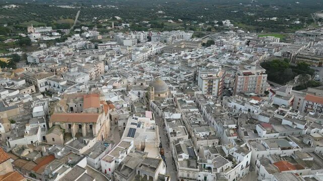 Aerial drone video of the town center in Ceglie Messapica, Apulia Italy.
