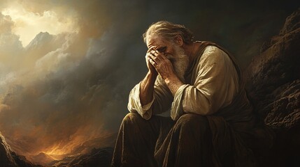Old Testament Job in a state of deep sorrow because of the troubles that befell him