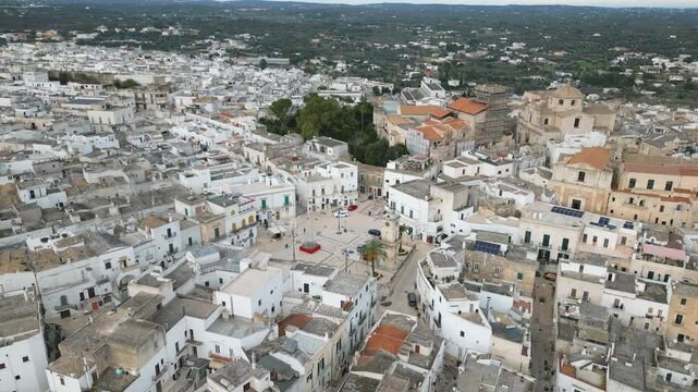 Aerial drone video of the town center in Ceglie Messapica, Apulia Italy.