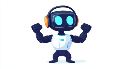 Fototapeta premium Robot train with dumbbell, cute chatbot with sport equipment pumping muscles on white background. Ai technology, cyborg sports assistant artificial intelligence mechanism. Cartoon vector illustration