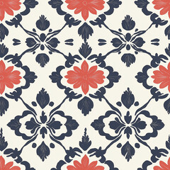 Floral pattern featuring red flowers and intricate navy designs on a cream background, suitable for textiles or wallpaper.