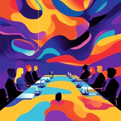 Fototapeta premium Vibrant abstract art in a contemporary boardroom setting with diverse people.