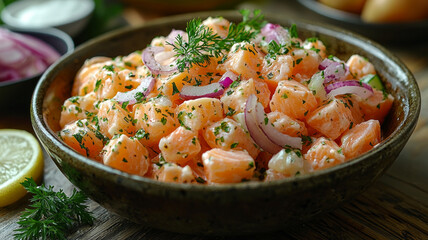 A bowl of food with a lemon on the left side