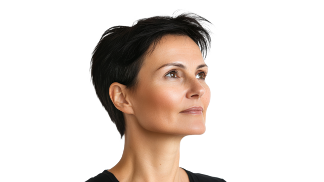 Woman with short hair looking confidently upward