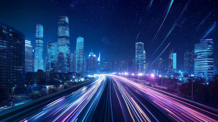 Fototapeta premium Night city highway with traffic speed effect. Vector cartoon illustration of dark cityscape view with illuminated skyscrapers in urban downtown district, starry sky, car light traces from fast motion