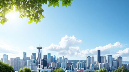 Fototapeta premium Scenic City Skyline with Blue Sky and Green Leaves in Seattle