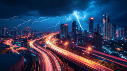 Obraz premium Night neon light from future city building on road background. Perspective skyscraper street and futuristic urban highway track view. Dark modern metropolis and thunderbolt discharge trail in sky.