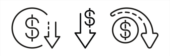 cost money icon set. contain cost reduction, low-cost money, money decrease icon. vector illustration