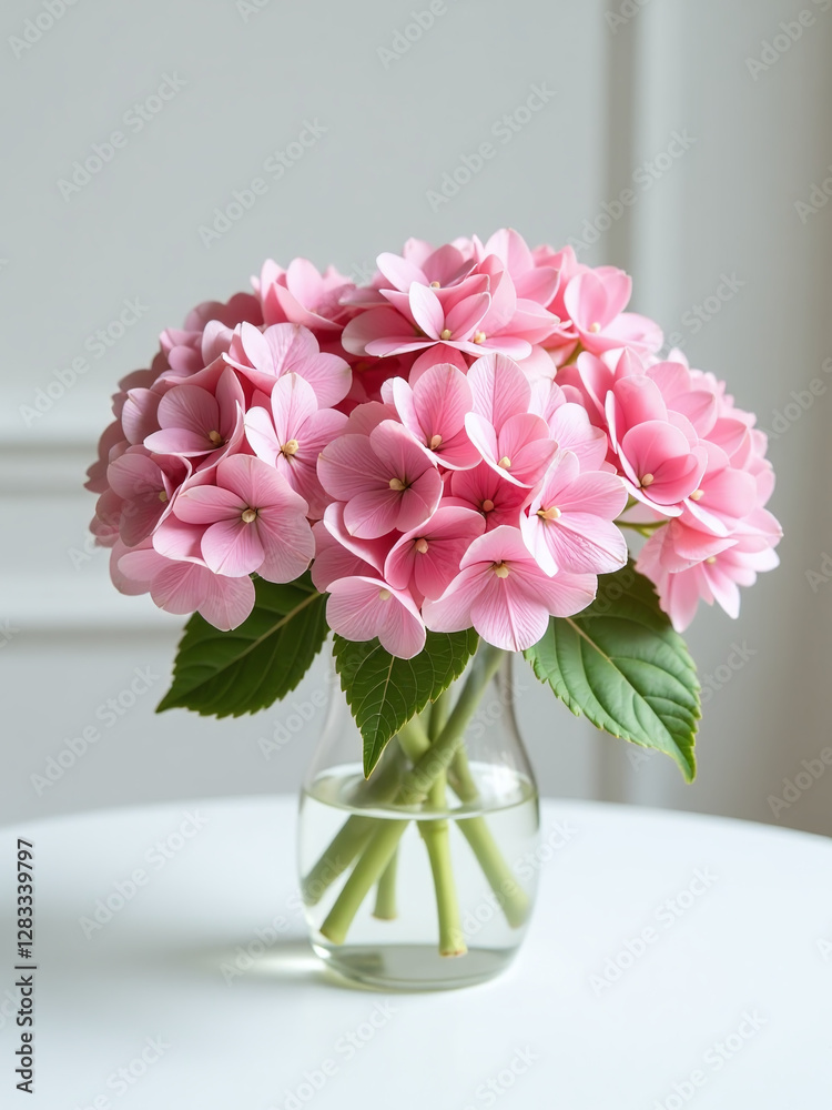 Poster a beautiful bouquet of pink hydrangeas adorns a crisp white table, adding a touch of elegance to the