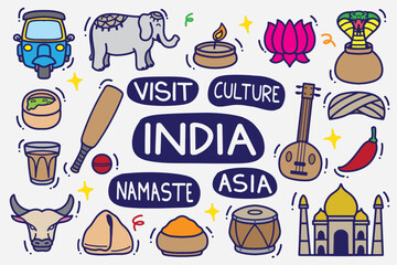 set of india doodle with color good for background, wallpaper, element design, etc