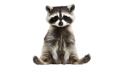Raccoon sitting upright on a white background