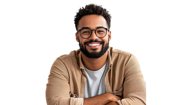 Smiling man with glasses in casual attire poses