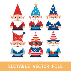  Set of cute scandinavian elves with firework, balloons and flag. Happy 4th of july. Vector illustration in cartoon style