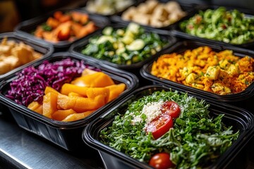 Colorful Takeaway Food in Modern Black Containers for Delivery
