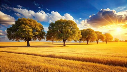 Fototapeta premium AI-generated image: a tranquil countryside scene, golden field bathed in sunlight, under a vibrant blue sky.