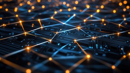 A computer chip with a blue background and orange lines