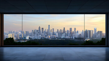 Panoramic City Skyline View Through Large Window During Golden Hour Sunlight with Green Forest Below