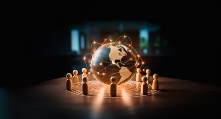 A glowing globe is encircled by wooden figures, symbolizing global connections and a network of people in a digitally connected world under a spotlight.