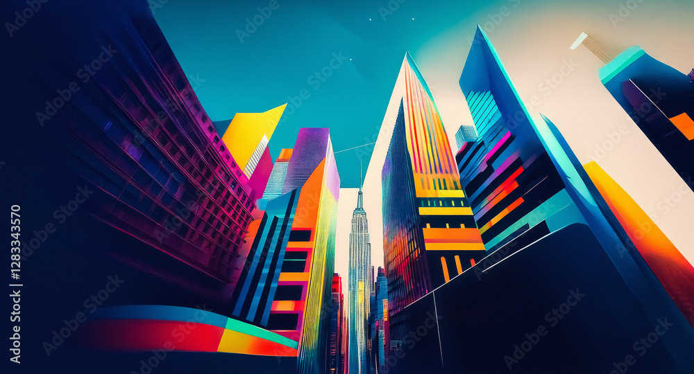 Aufkleber vibrant cityscape view from below, featuring colorful and stylized skyscrapers against a blue sky. b